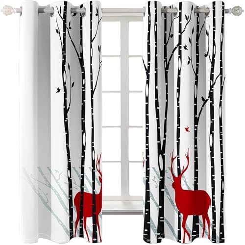 Daesar Vorhang Verdunkelung Polyester 2er Set 274x160CM, Schlafzimmer Vorhänge Fenster Modern Baum mit Hirsch Vogel Gardine Vorhänge Blickdicht Ösen Kinderzimmer Weiß Rot Schwarz von Daesar