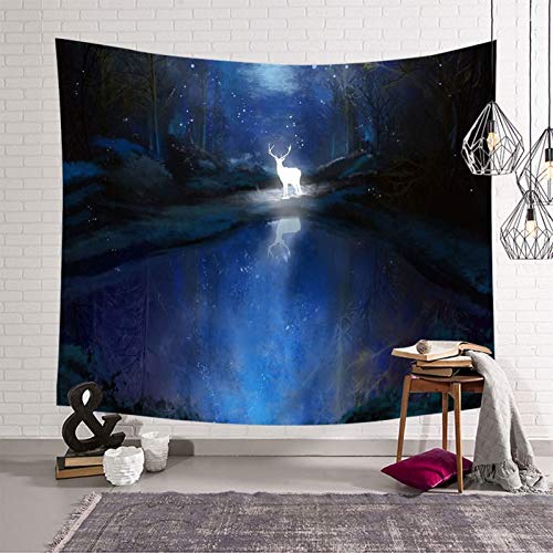 Daesar Wandtuch Wandteppiche, Tapisserie Wandbehang 200x200CM Wandteppich Polyester Vintage See und Hirsch im Fantasie Wald Wandbehang Psychedelisch von Daesar