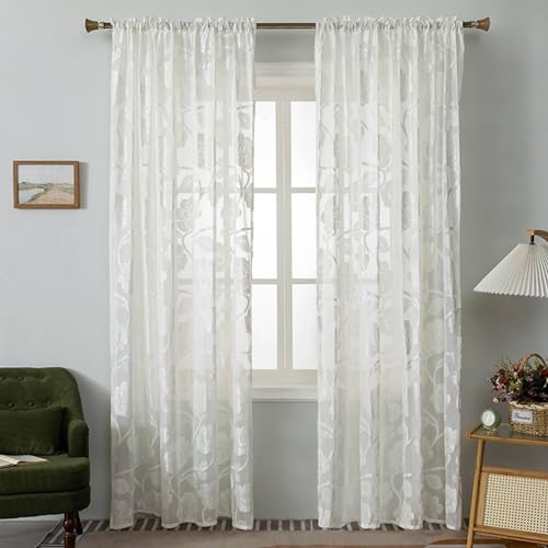 Daesar Weiß Vorhänge Stangendurchzug 132x183CM, Vorhänge Halbtransparent Leinen 2er Set Jacquard Blumen Motiv Landhausstil Vorhänge Lichtdurchlässig Schlafzimmer Wohnzimmer Küche von Daesar