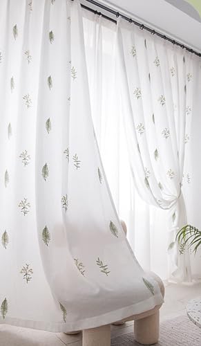 Daesar Weiß Vorhänge mit Haken 2er Set 137x274CM, Vorhänge Lichtdurchlässig Nordisch mit Grün Blätter Motiv Gardinen Halbtransparent Schlafzimmer Wohnzimmer Küche von Daesar