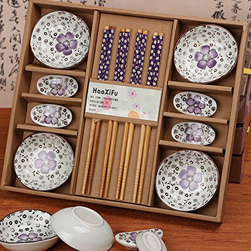 Dätenky Sushi Set, Keramikbesteck Set Sushi Geschirr für Vier Personen Teller Essstäbchen Essstäbchenhalter (lila) von Dätenky