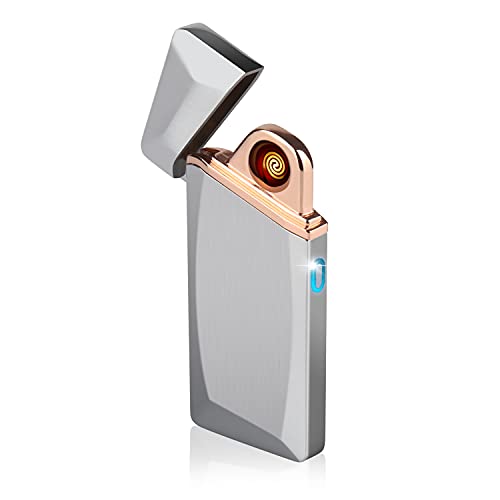 Daffodil EC225 - Elektrisches wiederaufladbares USB Feuerzeug mit Metallgehäuse & austauschbarem Glühdraht - winddichter Zigarettenanzünder mit Berührungssensor – Silber von Daffodil