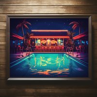 Poster Pool Bar Neon 70Er Jahre Style - Retro Art Print Wandbild Fertig Zum Aufhängen Home Office Decor Geschenkidee Wandkunst von DaftDesignGER