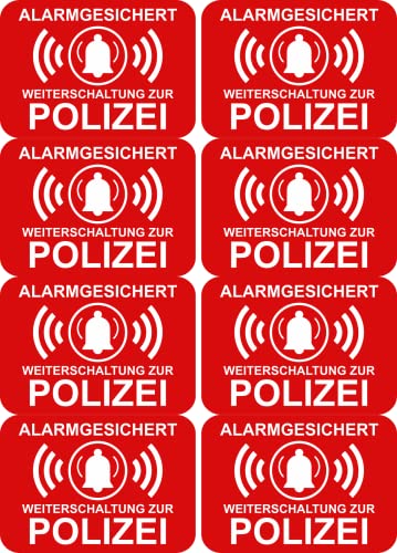 8 x Aufkleber - Alarmgesichert Weiterschlatung zur Polizei - 7x5 cm Aufkleber - Sticker Einbruchschutz Alarmanlage Warnschild - Hinweisschild selbstklebend Premium Qualität Sticker AD03 Rot von Daged