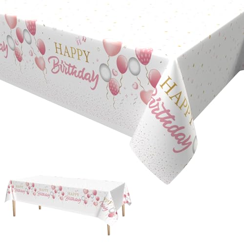 Rosa Weiß Geburtstag Tischdecke,Happy Birthday Tischdecken Rosa Einweg Rechteck Wasserdicht Tischtuch Rosa Party Deko für Mädchen Kindern Babyparty Hochzeit Dekorationen 137 x*274cm von Dagelar