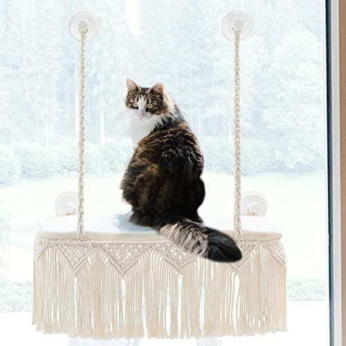 Dahey MakrameeKatzenfensterSitzstange BohoKatzenhängematte Wandmontage Haustier Ruhesitz Bett für Indoor Katzen Sicherheit Platzsparend Kitty Swing Regal mit Quaste hält bis zu 20,4 kg mit von Dahey