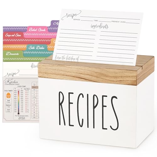 Dahey Rezeptbox aus Holz, weiß, Rezept-Organizer mit 100 Rezeptkarten und 6 Trennwänden, Rezeptkartenhalter-Set mit braunem Deckel und Schlitzen zum Schreiben Ihrer eigenen Rezepte für Kochliebhaber, von Dahey