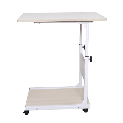 DaiJiubu Beistelltisch Sofatisch Kaffeetisch Betttisch Laptoptisch Metall Holz Mit Rollen Couchtisch Nachttisch Wohnzimmertisch Metallgestell C Form Wohnzimmer Schlafzimmer HöHenverstellbar (Weiß) von DaiJiubu