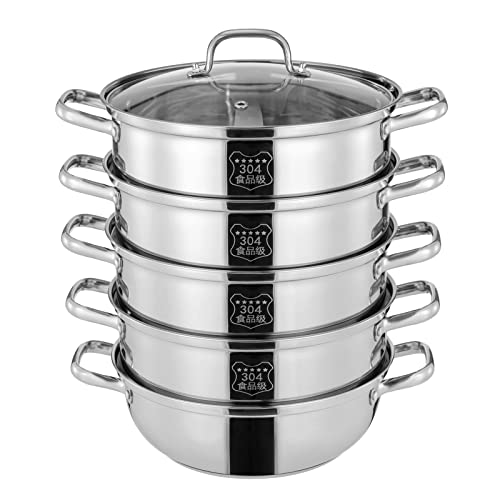 Dampfgarer Dampfkocher Mantowarka Induktion Edelstahl Schongarer Gardampftopf 5Lagiger 304Edelstahl Kochtopf Mit Glasdeckel KüChe Kochen Dampfer Topf FüNfschichtiger Integrierter (Silber, 30CM) von DaiJiubu