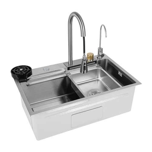 Einschalen-KüChenspüLe Wasserfall-BarspüLe SpüLe EdelstahlspüLe Mit Wasserhahn Edelstahl SpüLbecken EinbauspüLe KüChenspüLe Abnehmbarem SpüLtisch HaushaltsspüLen-Set Silber (68x35x21CM) von DaiJiubu