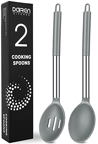 2 Stück Kochlöffel Silikon, Antihaftbeschichtung, Edelstahl, Schlitz- und solides Löffel-Set zum Servieren, Mischen, Abtropfen, hitzebeständig, kratzfest und BPA-frei (Grau) von DaiRen Kitchen