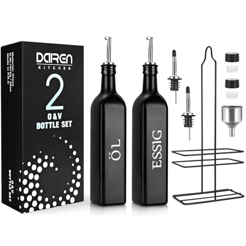 DaiRen Kitchen öL und Essig Spender Flasche 500ML Glas-Set, Olivenöl-Flaschenspender mit Caddy Halter und Edelstahl-Ausguss, Schwarz, 2-teiliges Set (Typ 2) von DaiRen Kitchen