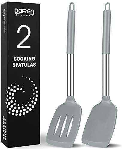 Pfannenwender Silikon, Hitzebeständig Silikon Geschlitzt Pfannenwender Küchenhelfer Spatel BPA Frei, Spülmaschinengeeignet Küchenhelfer Kochgeschirr Edelstahl Turner Antihaft Spachtel zum Kochen, Grau von DaiRen Kitchen