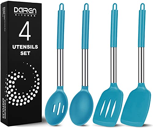 Silikon Pfannenwender und kochlöffel Set, 4 Stück Silikon Küchenutensilien Kochbesteck Set mit Edelstahlgriff, Antihaft Hitzebeständiger Blau Kochutensilien Set, Gesund, Spülmaschinenfest von DaiRen Kitchen