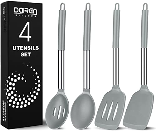 Silikon Pfannenwender und kochlöffel Set, 4 Stück Silikon Küchenutensilien Kochbesteck Set mit Edelstahlgriff, Antihaft Hitzebeständiger Grau Kochutensilien Set, Gesund, Spülmaschinenfest von DaiRen Kitchen