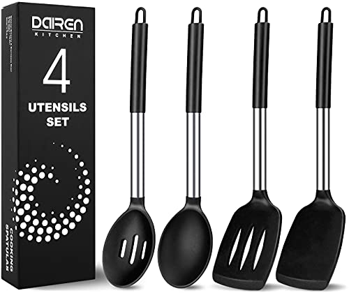 Silikon Pfannenwender und kochlöffel Set, 4 Stück Silikon Küchenutensilien Kochbesteck Set mit Edelstahlgriff, Antihaft Hitzebeständiger Schwarz Kochutensilien Set, Gesund, Spülmaschinenfest von DaiRen Kitchen