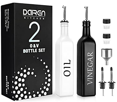 DaiRen Kitchen öL und Essig Spender Flasche 500ML Glas-Set, Olivenöl-Flaschenspender mit Caddy Halter und Edelstahl-Ausguss,Schwarz & Weiß, 2-teiliges Set von DaiRen Kitchen