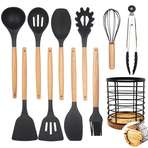 Daily Treasures 12PCS Silikon Küchenutensilien Sets,Holzgriff Kochutensilien Set mit Bauernhof Utensilienhalter,Hitzebeständig Antihaft-Küchenutensilien Set,Schwarzes Küchenzubehör Set Spatel Daily Treasures 12PCS Silikon Küchenutensilien Sets,Holzgriff Kochutensilien Set mit Bauernhof Utensilienhalter,Hitzebeständig Antihaft-Küchenutensilien Set,Schwarzes Küchenzubehör Set Spatel von Daily Treasures