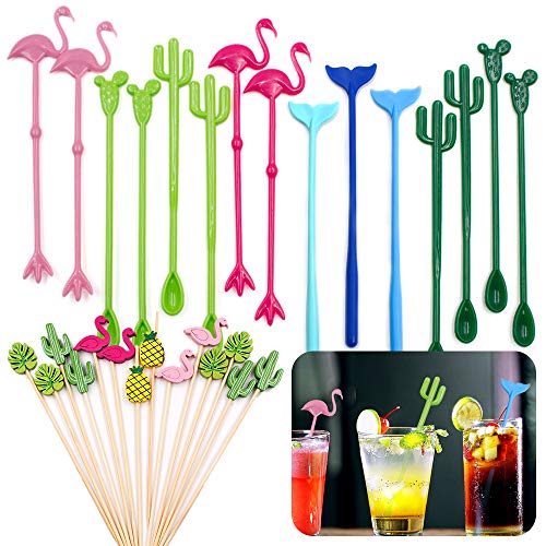 Daily Treasures 15 Stk Swizzle Sticks Wiederverwendbare Cocktail Rührer im Tropischen Stil Flamingo Kaktee Ananas, 14 Stk Hawaii Bambus Dekor Cocktail für Bar Party, Grillen Snacks von Daily Treasures
