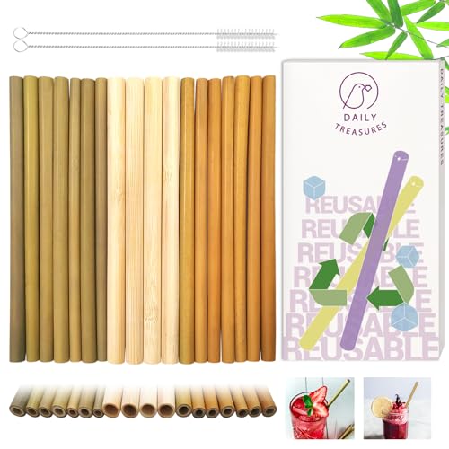 Daily Treasures 18 Bambus Trinkhalme Set, 20 cm Natürliche Wiederverwendbare Trinkhalme + 2 Reinigungsbürsten, Biologisch Abbaubare Bambus Strohhalme für Cocktail Coffee Juice Getränke von Daily Treasures