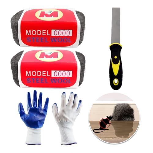 Daily Treasures 2er-Pack Mäuse Stahlwolle 0000 mit Arbeitshandschuhen & Schaufel,Stahlwolle Gegen Mäuse(3.1m/Rolle),Klebefallen Mäuse,Stahlschwamm für Metall Rostentfernung Chrompolitur von Daily Treasures