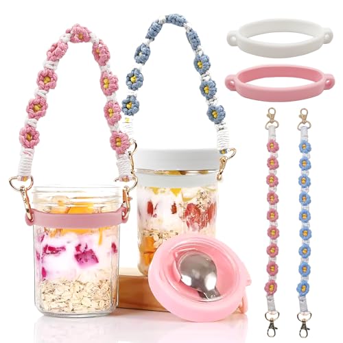 Daily Treasures 2pack Glas Overnight Oats Jars mit Bohemian Handle Strap,Frühstücksgläser mit Deckel &Faltlöffel,Müsli & Milch On The Go Frühstücksbehälter für die Arbeit,Müslitasse Joghurtbecher Obst von Daily Treasures