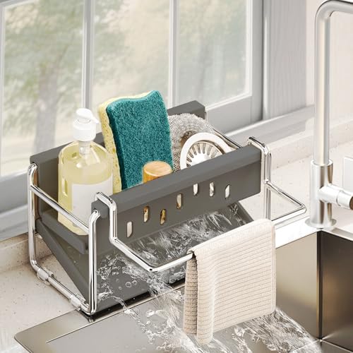 Daily Treasures Küchenspüle Caddy Organizer mit 45° Neigung Auto Abtropffläche – Edelstahl Spülbecken ordentlich Caddy mit abnehmbarem Handtuchhalter, rutschfester Spül-Organizer für Arbeitsplatte von Daily Treasures