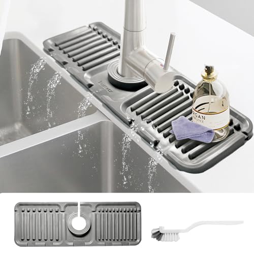 Daily Treasures Silikonmatte Küche mit Bürste,5° Großer Neigung Abtropfmatte Spüle,(33 x 12cm) Drainagematte Spüle,Faucet Guard & Draining Mat,Silikon Abtropfmatte Spüle Sink Mat(Grau) von Daily Treasures