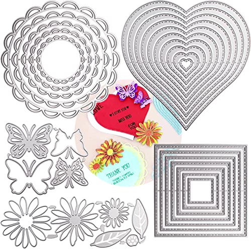 DailyTreasures 5 Formen Metall Stanzschablone Set, Scrapbooking Prägeschablonen Stanzschablone Geometrisch Set, Stanzschablone Herzform Rechteckig Kreis Blüten Schmetterling für Lehrertag Muttertag von Daily Treasures
