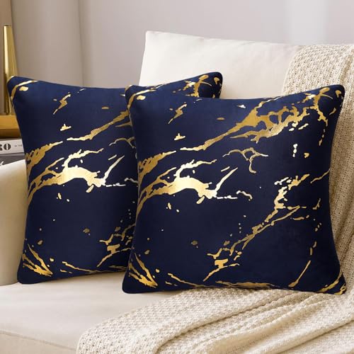 2er Set Kissenbezüge 45x45 cm Dekokissen Samt Sofakissen Kissenbezug Modern Luxus Gold Marmor Muster Kissenhülle Dekorative Couchkisen für Sofa Büro Bett, Navy Blau von DakTou