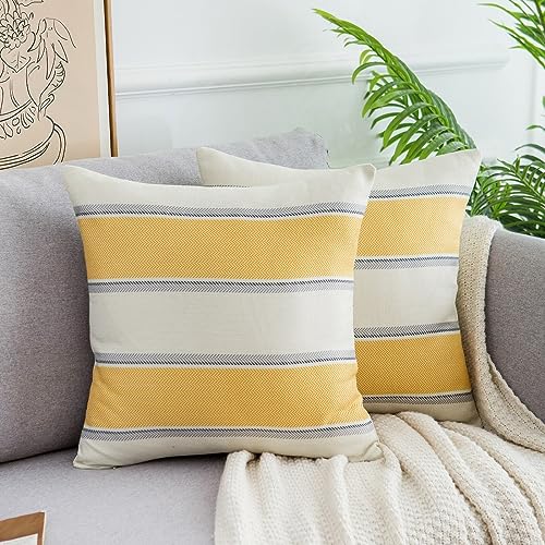 2er Set Kissenbezüge Leinen Dekokissen Streifen Kissenbezug Sofakissen Dekorativ Couchkissen Kissenhülle Moderne Deko für Wohnzimmer Schlafzimmer 50x50 cm, Gelb Hellgrau Streifen von DakTou