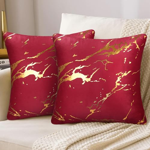 2er Set Kissenbezug 45x45 Rot Golden Marmor Muster Sofakissen Dekokissen Samt Kissenhülle Deko Modern Dekokissen Quadratishe Zierkissenbezüge für Schlafzimmer Sofa Bett von DakTou