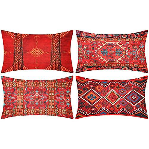 4 Stück Boho Kissenbezug 30x50 cm Dekorative Kissenhülle Antikem Orientalischem Teppich Muster Kopfkissenbezug Baumwolle Leinen Werfen Sie Kissenbezüge Lendenkissen für Sofa Büro Dekor Red von DakTou