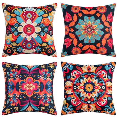 50x50 cm Kissenbezug 4er Set Linen Boho Kissenhüllen Kissenbezüge Retro Buntes Mandala Floral Muster Dekokissen Sofakissen Zierkissenbezug für Sofa Couch Bett Garten Outdoor Home Decor von DakTou
