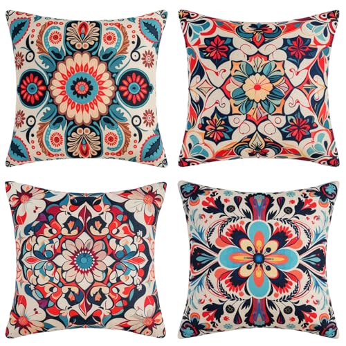 Boho Kissenbezug Retro Ethno Bunt Floral Bohemian Mandala Bauernhaus Dekorative Kissenbezüge 45x45 4er Set Leinen Kissenhülle für Sofa Couch Bett Garten Outdoor Home Decor von DakTou