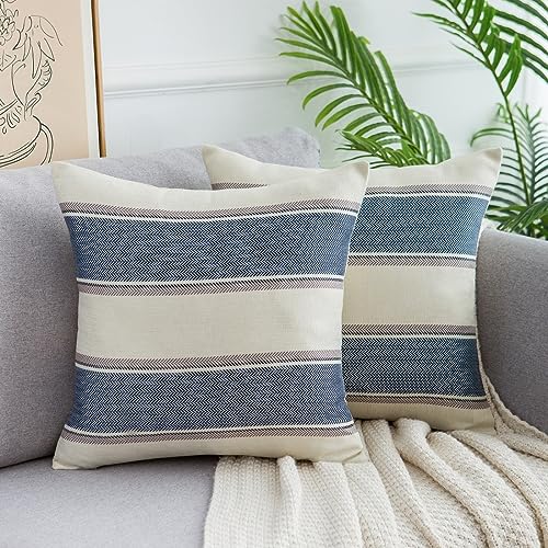 DakTou 2 Stück Kissenbezug Moderne Streifen Sofakissen Kissenhülle Dekokissen Bauernhaus Kissenbezüge Quadratische Home Deko Leinen Kissenhülle für Sofa Büro Couch Stuhl Schlafzimmer 50x50 cm Blau von DakTou