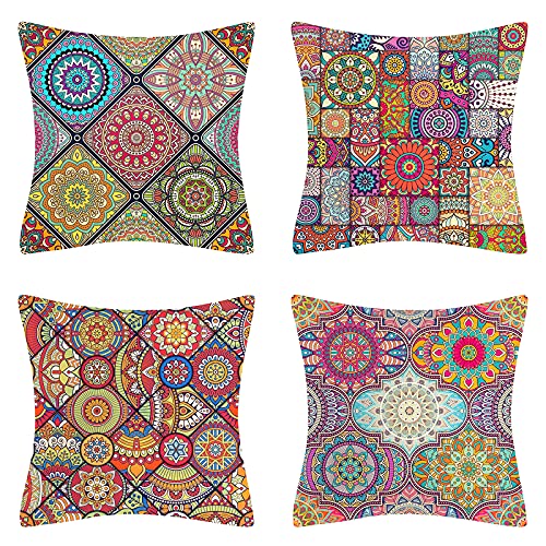 DakTou 4er Set Boho Leinen Kissenbezug Mandala Muster Dekorative Kissenbezüge Bohemian Sofa Kissen 45x45cm Quadratischer Kissenhülle für Auto Büro Buchladen Schlafzimmer Patio Bauernhaus Garten von DakTou