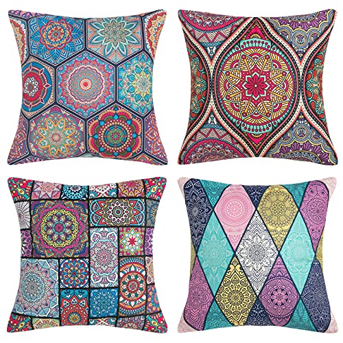 DakTou 4er Set Kissenbezug 40x40cm Mandala Muster Kissenbezüge Hippie Böhmischen Dekor Kissenhülle Baumwolle Leinen Quadratischer Zierkissenbezug für Sofa Schlafzimmer Wohnzimmer Home Garten Patio von DakTou