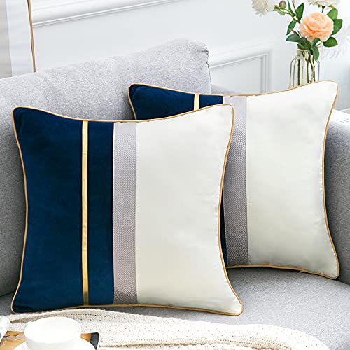 DakTou Samt Kissenbezug 45x45cm 2er Set Kissenbezüge Dunkelblau Patchwork Gold Lede Gestreifte Dekorative Kissenhülle Pillow Cover mit Verstecktem Reißverschluss Sofa Schlafzimmer Dekor Kissenhuellen von DakTou