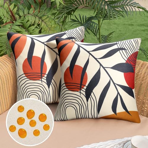 DakTou Wasserdicht Kissenbezug 40x40 Frühling Schwarzes Blatt Leinen Kissenhülle Modern Boho Abstrakte Morandi Geometrische Muster Sofakissen Dekokissen Couchkissen für Garten Outdoor, 2er-Set von DakTou