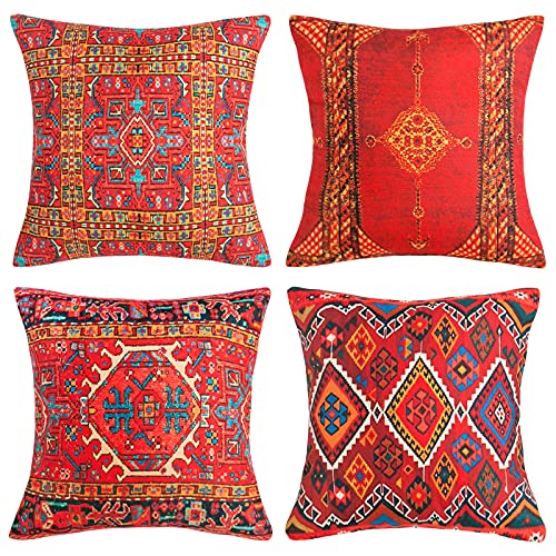 Kelim Kissenbezüge 50 x 50 cm Rot Ethnischer Türkischer Teppich Mustern Dekoration Kissenbezug Orientalischem Baumwolle Leinen Kissenhülle Sofa Deko Kissen Bezug für Zuhause Couch Outdoor,4er Set von DakTou