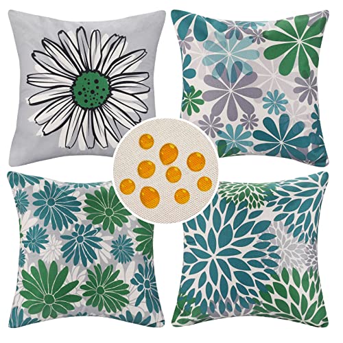 Kissenbezug 45x45 Outdoor Kissen Frühling Sommer Sofakissen Dekokissen kissenhülle Grüne Blumen wasserdichte Leinen Deko Kissenbezüge für Wohnzimmer Schlafzimmer Draußen Garten Balkon 4er Set von DakTou