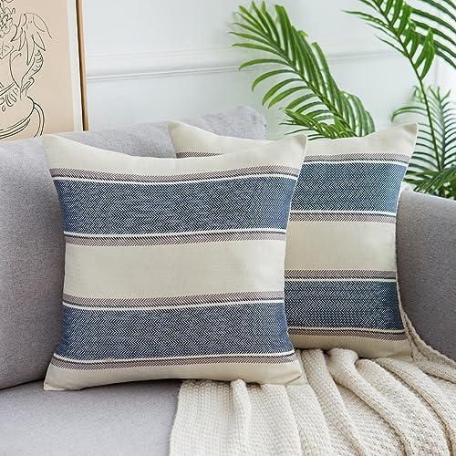 Kissenbezüge Streifen Sofakissen Blau Kissenhülle Leinen Dekokissen Bauernhaus Kissenbezüge Couchkissen Quadratische Home Deko Kissenhülle für Sofa Büro Couch Stuhl Schlafzimmer 40x40 cm 2 Stück von DakTou