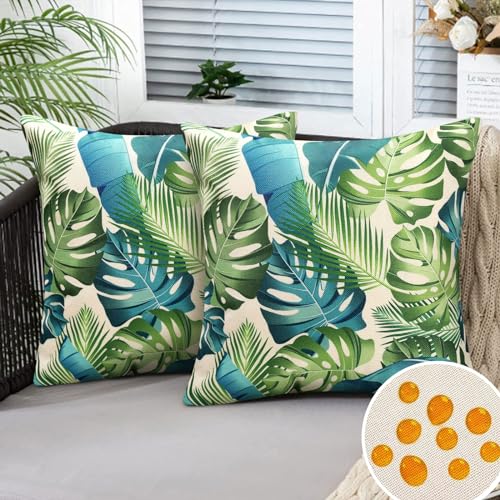 DakTou Kissenbezug 40x40 Outdoor Kissen Sofakissen Couchkissen Kissenhülle Wasserdicht Leinen Grüne Pflanze Palm Blätter Sommer Zierkissenbezüge für Sofa Schlafzimmer Wohnzimmer 2er Set von DakTou