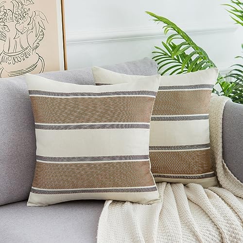 Kissenbezug 45 x 45 2er Set Dekokissen Sofakissen Kissenhülle Leinen Couchkissen Streifen Dekorativen Moderne Home Deko für Schlafzimmer Sofa Stuhl Bett Garten (45 x 45cm, Braun) von DakTou