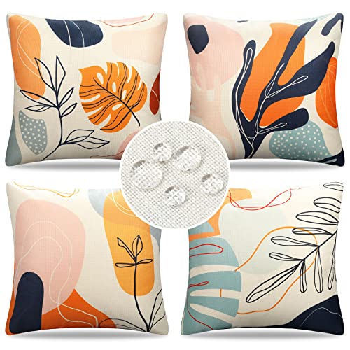 Kissenbezug 50x50 4er Set Boho Abstrakt Blätter Outdoor Kissen Sofakissen Dekokissen Kissenhülle Frühling Sommer Wasserfest Leinen Kissenbezüge für Sofa Schlafzimmer Wohnzimmer Zuhause Dekoration von DakTou