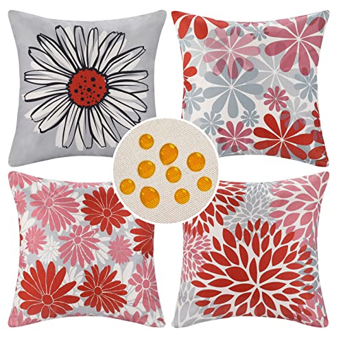 Outdoor Kissenbezug 50x50 Moderne Frühling Sommer Blumen kissenhülle kissen Sofakissen Dekokissen Kissenbezüge Grau Rot Wasserdichte Kopfkissenbezug für Sofa Schlafzimmer Couch Garten Zuhause 4er Set von DakTou