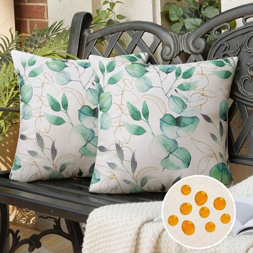 Sofakissen wasserdichte 45x45 2er Set Dekokissen Kissenbezug Outdoor Kissenbezüge Leinen Eukalyptus Blätter Deko Frühling Sommer Kissenhülle für Draußer Sofa Balkon Terrasse Garten, Grün von DakTou