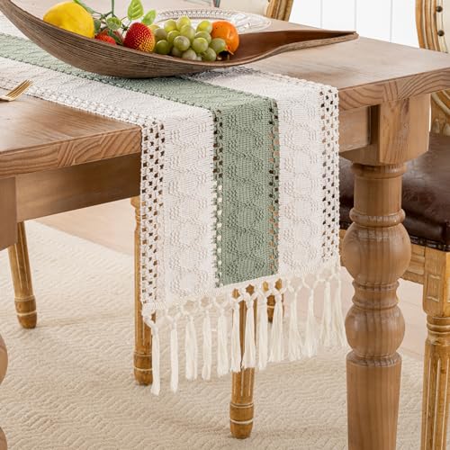 Tischläufer Boho Salbeigrün Baumwollleinen Rustikaler Makramee Quaste Moderne Küche Esstisch Dekoration Abwaschbar Rechteckig Tischläufer für Urlaub Küchen Esstisch Kaffee 30 x 180 cm von DakTou