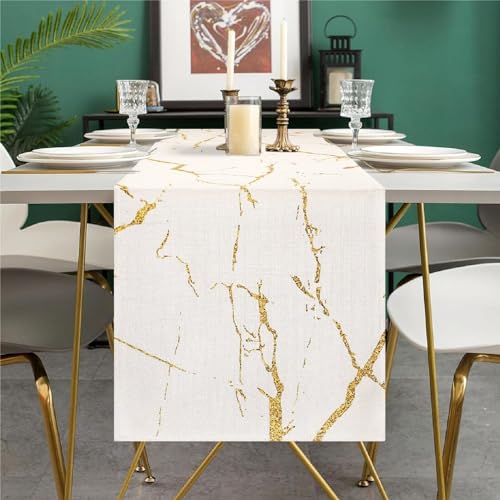 Tischläufer Frühlings Sommer Tischläufer Moderner Weißer Marmor Goldene Textur Tischdecke für Party Hochzeit Küche Wohnzimmer Dekorativer Tischläufer Leinen 40 x 140 cm von DakTou